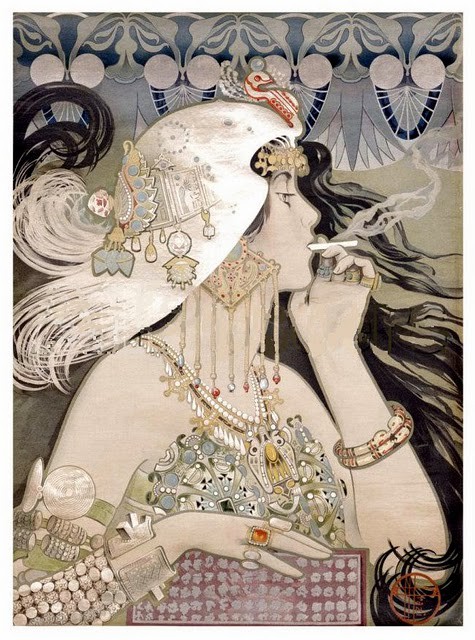 Manuel Orazi Poster for Job Cigarette Paper An art nouveau era posta for Job cigarette papers in which a young pale skinned woman in a helmet and lots of jewels smokes a cigarette as her hair flicks around her.