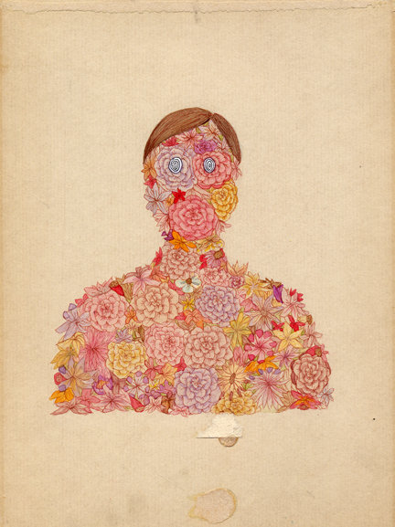 Kelie Bowman An illustration on aged paper of the torso of a man with neat parted hair, his silhouette is filled with flowers coloured lilac, pink and yellow.