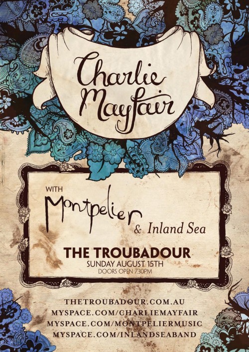 Charlie Mayfair at the Troubador on August 15th. A gig poster I designed with cream textured paper, blue green foliage and a ribbon that says "Charlie Mayfair" in hand lettering.