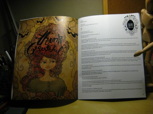 Eat Sleep Draw Photo of open Eat Sleep Draw magazine, on the left page is "Think beautiful" illustration and on the right an interview with me.