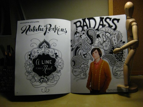 Eat Sleep Draw Photo of open Eat Sleep Draw magazine, on the left page is "A line is all I need" and on the right page is my "Bad Ass" illustration