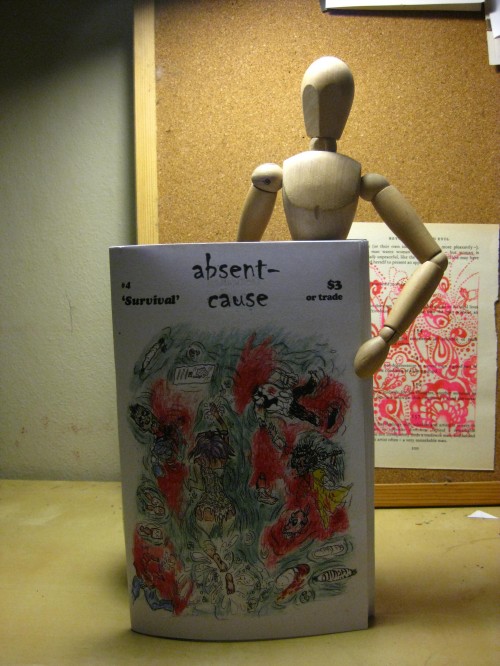 Absent Cause Cover of Absent Cause zine, features an illustration with lots of detailed linework depicting people swimming with red splotches.