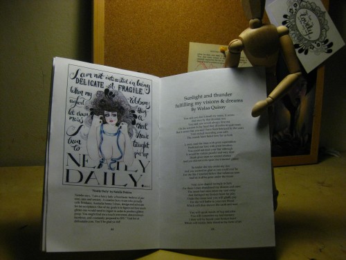Absent Cause Inside Absent Cause zine, on the left is my illustration "Neatly daily" with a blurb about me.