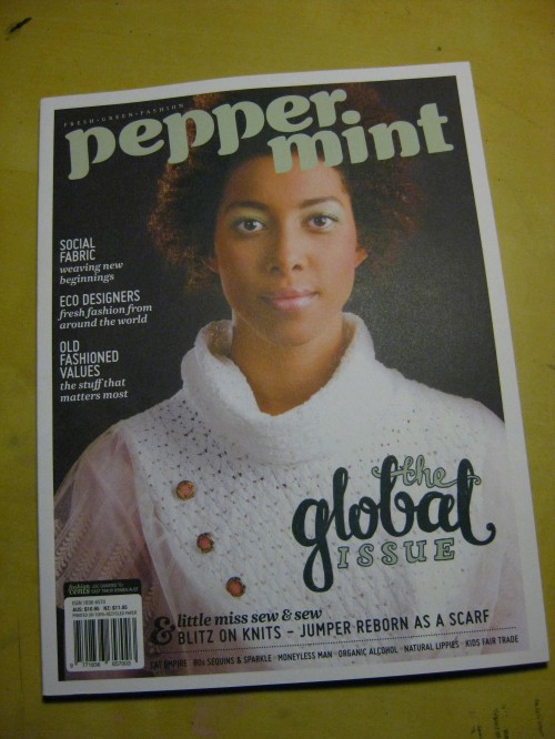 Peppermint Magazine Cover of Peppermint Magazine featuring a short haired, brown skinned woman wearing a white turtleneck top. My hand lettering is in the corner, it says "the global issue".