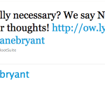 Screenshot of a tweet from Lane Bryant saying "Is this really necessary? We say NO! Share your thoughts!" and a link to my "Does my fat arse look fat in this?" tshirt on Cafe Press.