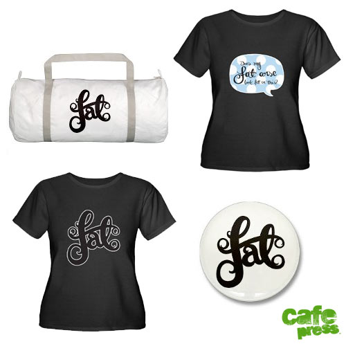 cafe-press-fat-stuff Image of cafepress products: two black tshirts and a gym bag.