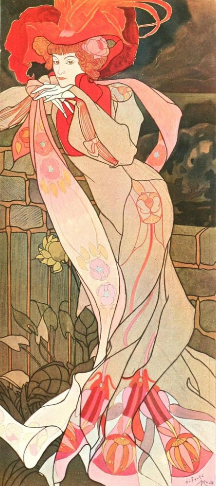 An Art Nouveau era illustration of a thin, pale skinned woman with red hair wearing a cream and pink flowing dress and a huge red hat.