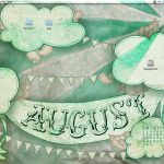 Hand drawn desktop design with green toned starburst, clouds, paisley and bunting with a banner saying "AUGUST".