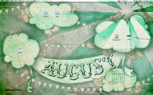 August desktop demo Hand drawn desktop design with green toned starburst, clouds, paisley and bunting with a banner saying "AUGUST".