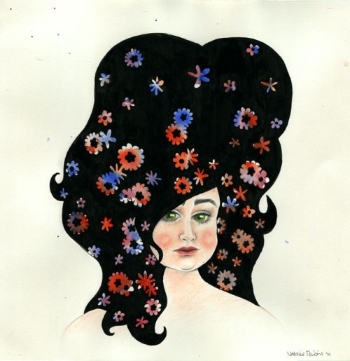 Coloured pencil, watercolour and ink illustration of a chubby woman with bright flowers in her hair.