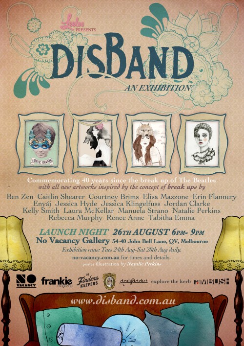 Poster for Disband art show in Melbourne - peachy pink background with "Disband" hand lettered with flourishes weaving in and out of the letters. At the bottom of the poster is a couch with cushions, and two lamps flanking it.