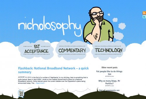 Screenshot of a blog layout I designed. Top third is sky blue with hand lettered "nicholosophy" and an illustration of a fat bald man with a big beard and thought bubbles popping out of his head. 