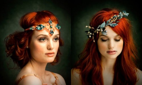 Diptich of photos of a lovely pale skinned red-headed young lady wearing two fantastically gorgeous jewelled and fancy head pieces.