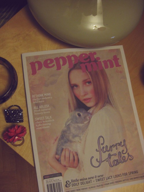 Photo of Peppermint magazine on a table with two rings beside it. The magazine has a young blonde woman holding a rabbit on the cover, and my lettering in the lower right says "furry tales".