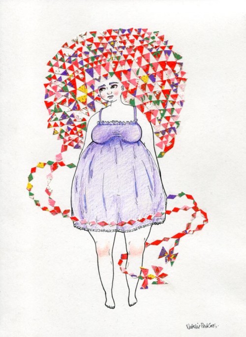 Scan of an illustration of a fat girl wearing a little purple babydoll dress. She has rosy cheeks and knees and her hair consists of a giant circular mass of small slivers of red fancy triangular shaped paper. Two kite tails come out of her hair and float around her legs.