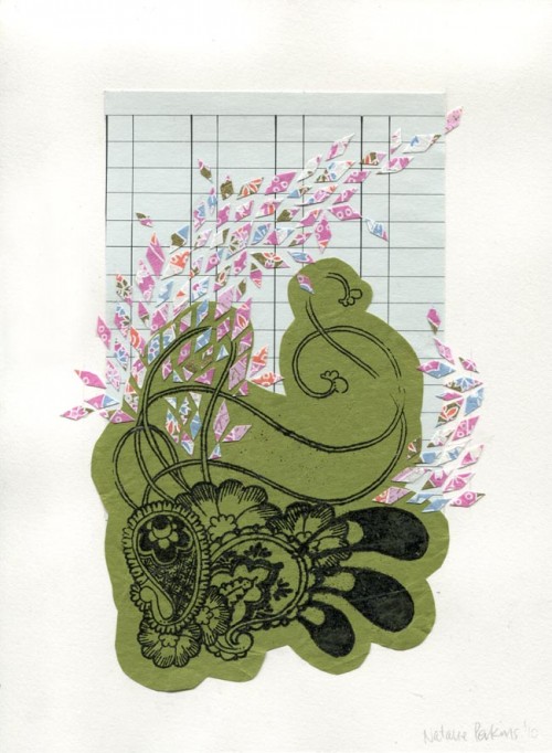 Scan of collage consisting of Gocco print of paisley illustration in black in on green paper, pasted on blue ledger paper with small diamond shaped slivers of pink fancy paper flying around the page.