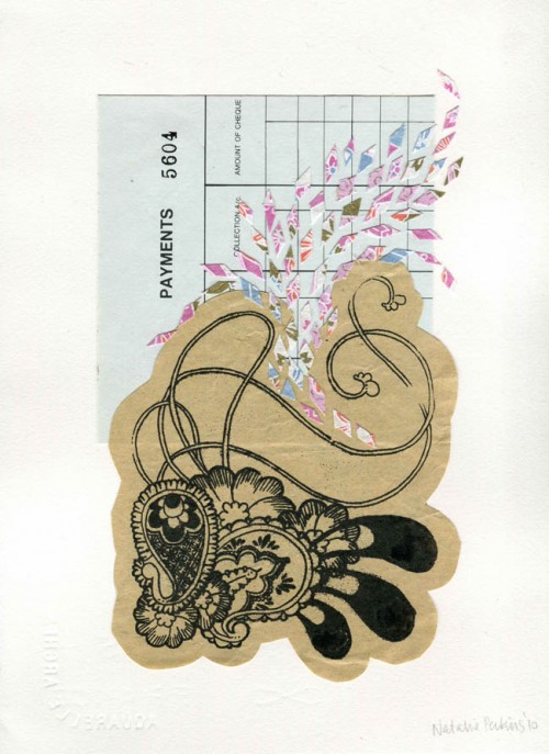 Scan of collage consisting of Gocco print of paisley illustration in black in on cream paper, pasted on blue ledger paper with small diamond shaped slivers of pink fancy paper flying around the page.