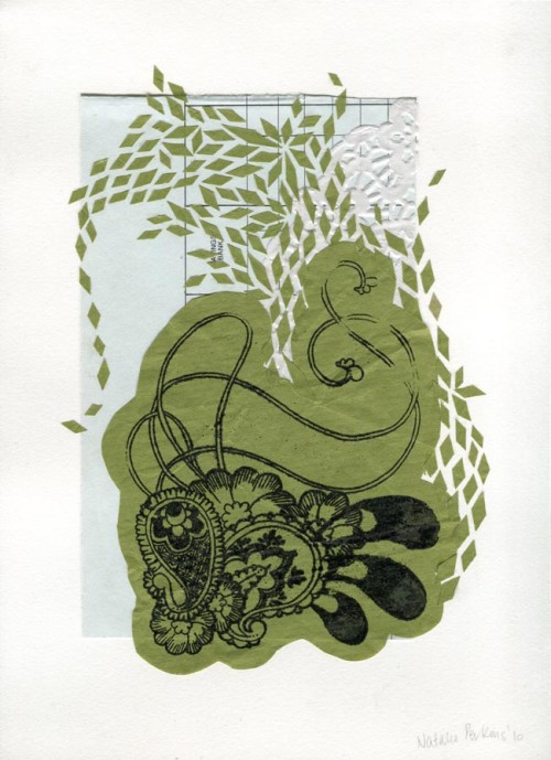 Scan of collage consisting of Gocco print of paisley illustration in black in on green paper, pasted on blue ledger paper with small diamond shaped slivers of green paper flying around the page.