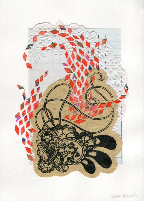 Scan of collage consisting of Gocco print of paisley illustration in black in on cream paper, pasted on blue ledger paper with small diamond shaped slivers of red fancy paper flying around the page.