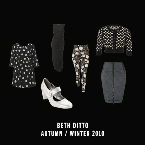 Collage of clothes from the Beth Ditto A/W 2010 collection at evans. A polka dot dress, silver mary jane shoes, long ruched black dress, floral tights, a black cardigan with gold hearts, and a high waisted denim skirt.