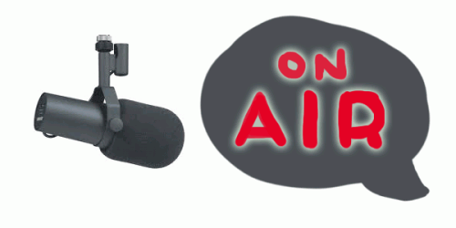 Stock photo of a radio microphone with a grey speech bubble saying "on air".