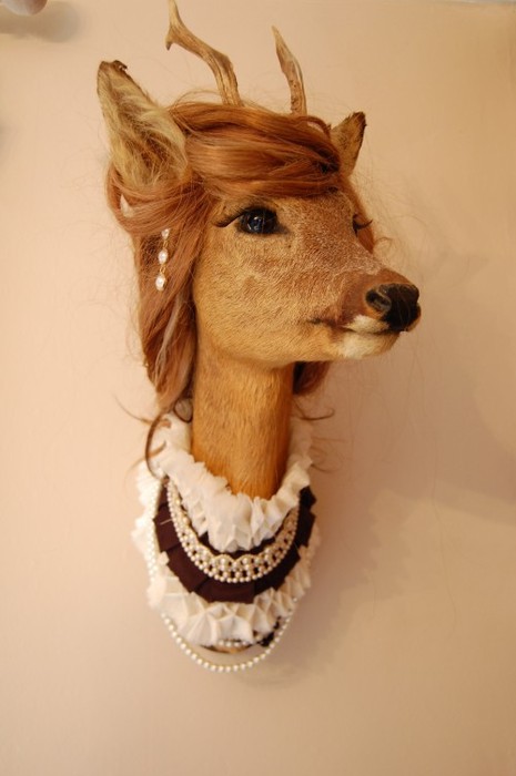 A photo of a wall mounted deer head that has been dressed up in a honey coloured wig, earrings and a frilly neckpiece trimmed with pearls.