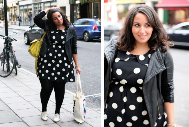 Collage of two photos of a young olive skinned fat woman with wavy brown hair wearing the polka dot dress with a dark jacket.