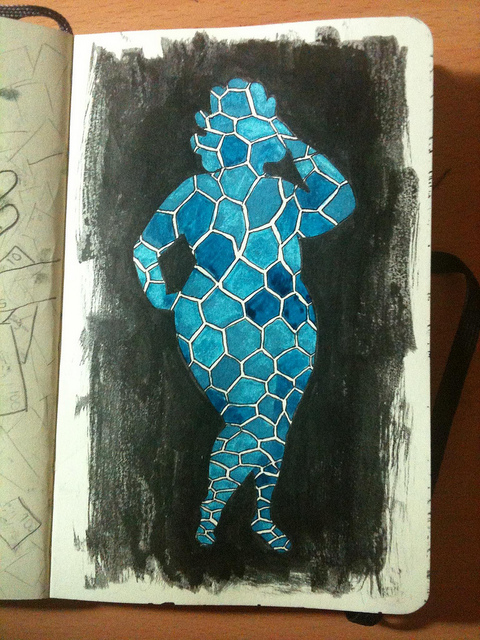 Photo of a drawing in a Moleskine page, the silhouette of a fat woman with teal fishnet pattern inside. 