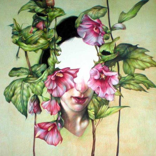 A fairly realistic looking coloured pencil drawing of a woman's head surrounded by the leaves and flowers of the hibiscus. While you can see her lips and nose, her eyes and forehead look to be missing, leaving a void in the drawing.