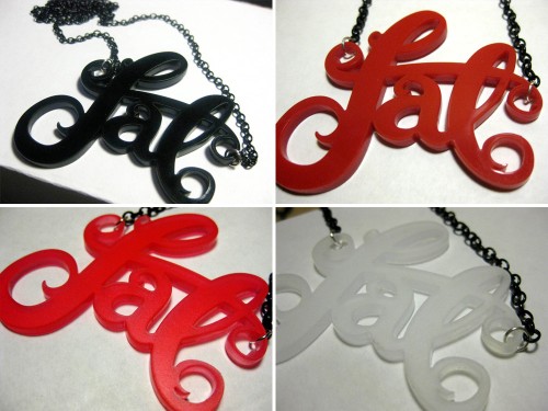 Close up shots of the fat necklaces in different colours, clockwise from top left: Black, red, frosted white and frosted pink.