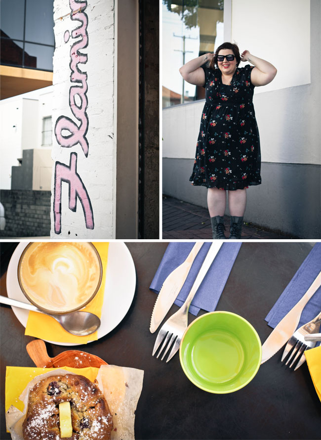 Collage of three photos, clockwise from left: "Flamingo" painted vertically up a white wall, with pink fill and black outline; Outfit photo of me wearing a black babydoll style dress with a small floral pattern and boots; Overhead shot of cutlery, muffin and a coffee  on a table, the cups and serviettes are brightly coloured.