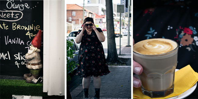 Collage of three photos, from left: a garden gnome sitting in front of a blackboard with the menu written in chalk; outfit shot of me; close up on a latte.