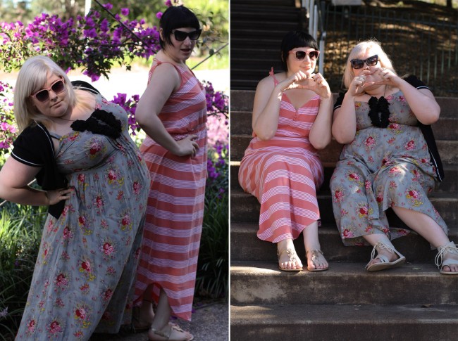 Collage of two photos: left is Sonya and Zoe doing the awkward lean (hand on hip, leaning back awkwardly); right is Sonya and Zoe sitting on steps holding their hands in heart shapes.
