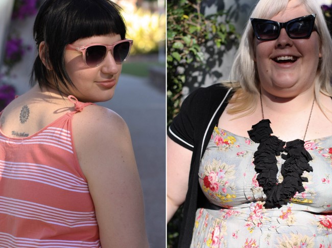 Collage of two photos: left is Sonya in a peach striped dress, she's looking over her shoulder and wearing peach rimmed sunglasses; right is Zoe in a blue floral dress, black cardigan and black ruffly necklace, she is laughing and wears sunglasses with silver tipped pointy edges.