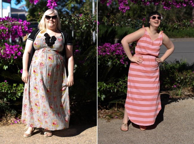 Collage of two photos: left is Zoe's outfit, she wears a blue floral maxidress with a black cardigan and a black ruffly necklace; Sonya wears a peace horizontal striped maxidress with sandals.