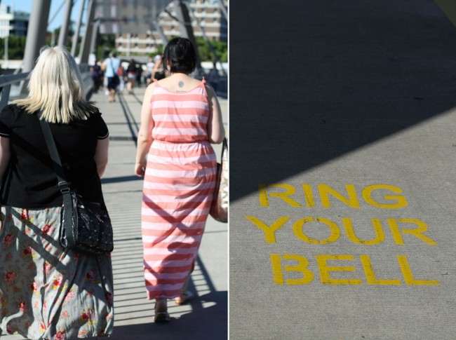 Collage of two photos: left is Zoe and Sonya walking away from the camera over a bridge; right is a closeup of "ring your bell" stenciled in yellow on the concrete.
