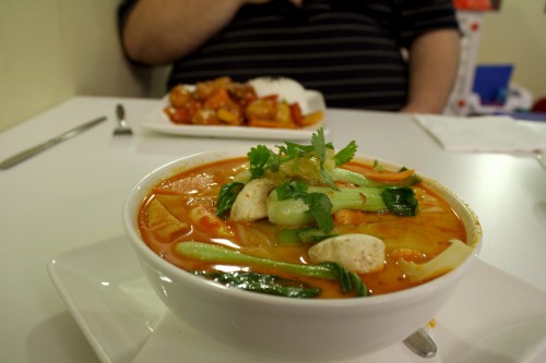 Photo of a big bowl of delicious looking vegetarian laksa.