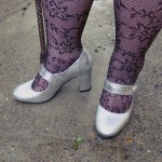 Close up shot of my Evans silver mary janes with lace fishnet tights (also from Evans). You can sort of see my leopard print walking stick behind my leg.