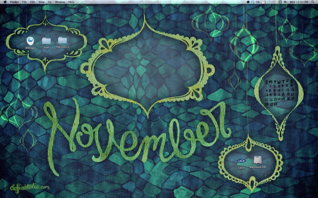 Preview image of green and blue dark fishnet patterned wallpaper  with gold textured frames hanging from the top of the image. A big loopy lettered "November" sits in the centre.