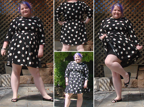 Collage of four photos of a young fat woman with bright purple hair wearing the polka dot dress.