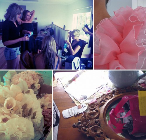 Collage of four photos, clockwise from left: Four girls all standing or sitting getting their hair done; macro photo of pink ruffle detail; a fancy fame, and some hair clips sitting on the table; macro photo of the bridal bouquet consisting of white and pink flowers.