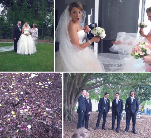 Collage of four photos, clockwise from left: Michelle in her big white strapless wedding dress with looong veil standing with Mum and Dad; Michelle turning around with a shocked look on her face; the groomsmen, groom and MC standing around under a tree wearing smart dark suits, photo of the leaf strewn muddy ground with petals scattered around.