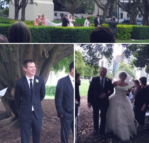 Collage of three photos, clockwise from top: Panoramic photo of the bridal party arriving, hedges block a little of the view; Michelle walking down the aisle with Dad, arms interlinked; Jordan (the groom) looking at the arriving party and smiling.