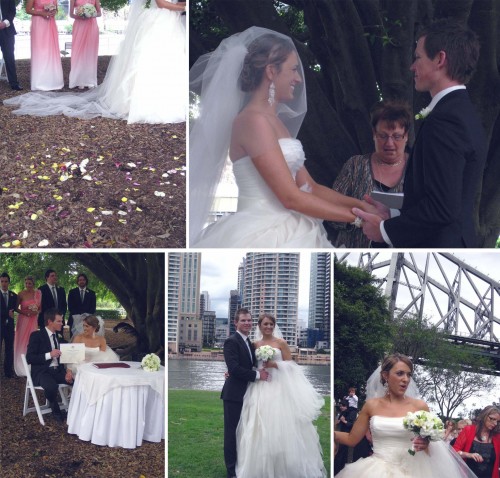 Collage of five photos, clockwise from left: Photo of the bottoms of the bride's white dress and veil, and the bridesmaids' pink and white ombre dresses, Michelle and Jordan holding hands facing each other with the celebrant (my godmother!) standing in front of them; Michelle in front of the Storey Bridge; the bride and groom standing against the Brisbane River and buildings in the CBD; the bride and groom signing the papers with the bridal party standing behind them. 