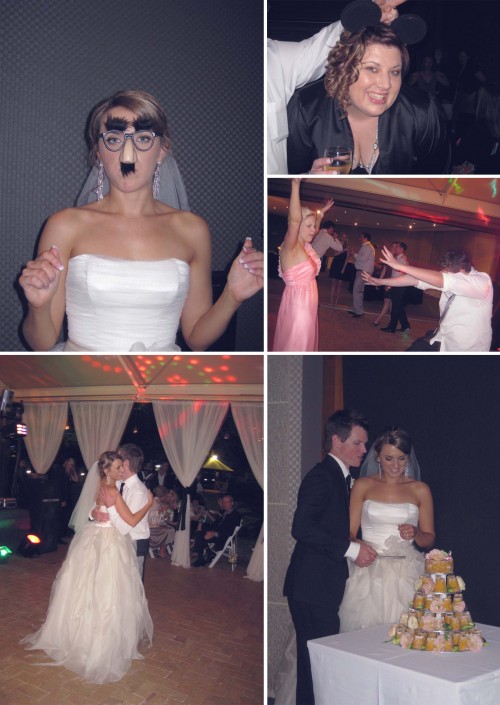 Collage of five photos, clockwise from left: Michelle wearing Groucho Marx glasses with the fuzzy eyebrows and moustache; me wearing Micky Mouse ears; Misho, one of the bridesmaids, dancing with my brother Sam; Michelle and Jordan cutting their cake; the couple dancing the bridal waltz.