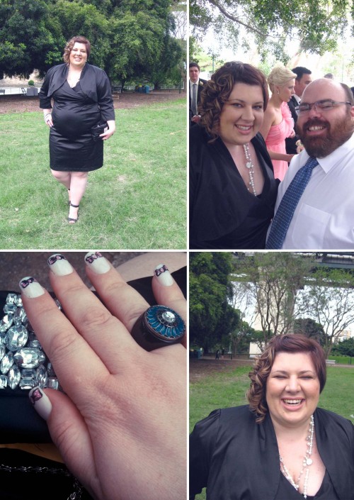 Collage of four photos, clockwise from left: Full outfit photo of me wearing a shiny black dress and bolero, black shoes with an ankle strap, and a black clutch; with Nick; head and shoulders photo of me, my hair and make up were done professionally and my hair is curly, my eyes are dark with bronze while my lips are nude; and close up of my nails painted pale pink with pink bows on the tip, I've got a chunky black ring with blue accents and a rhinestone.