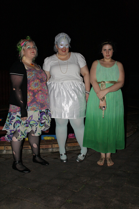 Photo of Zoe, myself and Sonya as Delirium, a unicorn and Medusa respectively.