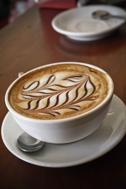 A close up photo of a coffee in a bowl-like mug with no handle, and there's a pretty vine pattern made out of powdered chocolate in the froth.