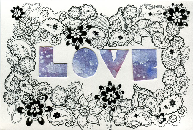 A scan of a handmade card that has the letters of "LOVE" cut out of purple watercoloured paper and surrounded by paisley doodling in black ink.