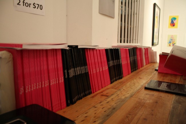 Photo of books lined up along a wall, some have pink covers and some have black covers and they alternate in chunks along the wall.